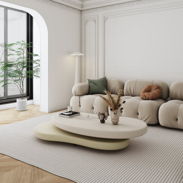 WEHOMZ Rotatable Coffee Table in Off-White & Beige - Unique Oval Design, Minimalist Style, MDF & Wooden Build